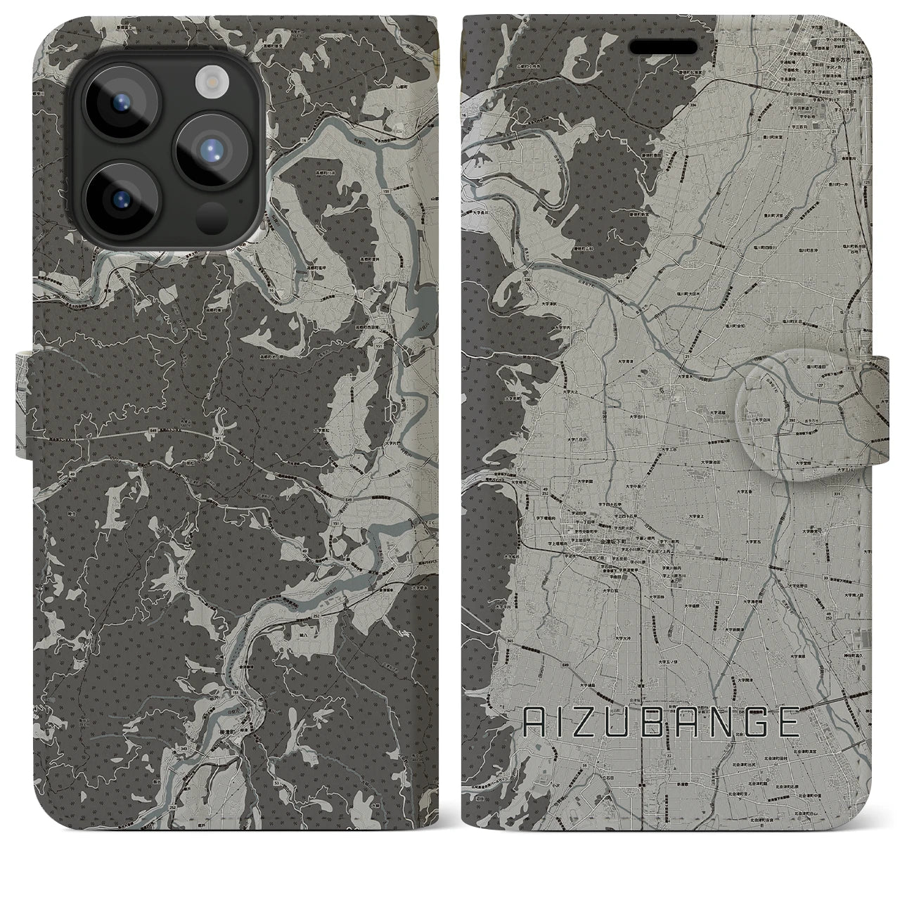 【会津坂下(福島県)】地図柄iPhoneケース(手帳タイプ)モノトーン・iPhone 15 Pro Max 用