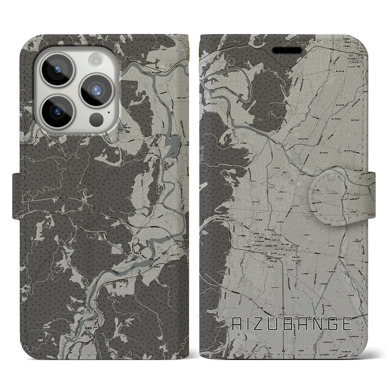 【会津坂下(福島県)】地図柄iPhoneケース(手帳タイプ)モノトーン・iPhone 15 Pro 用