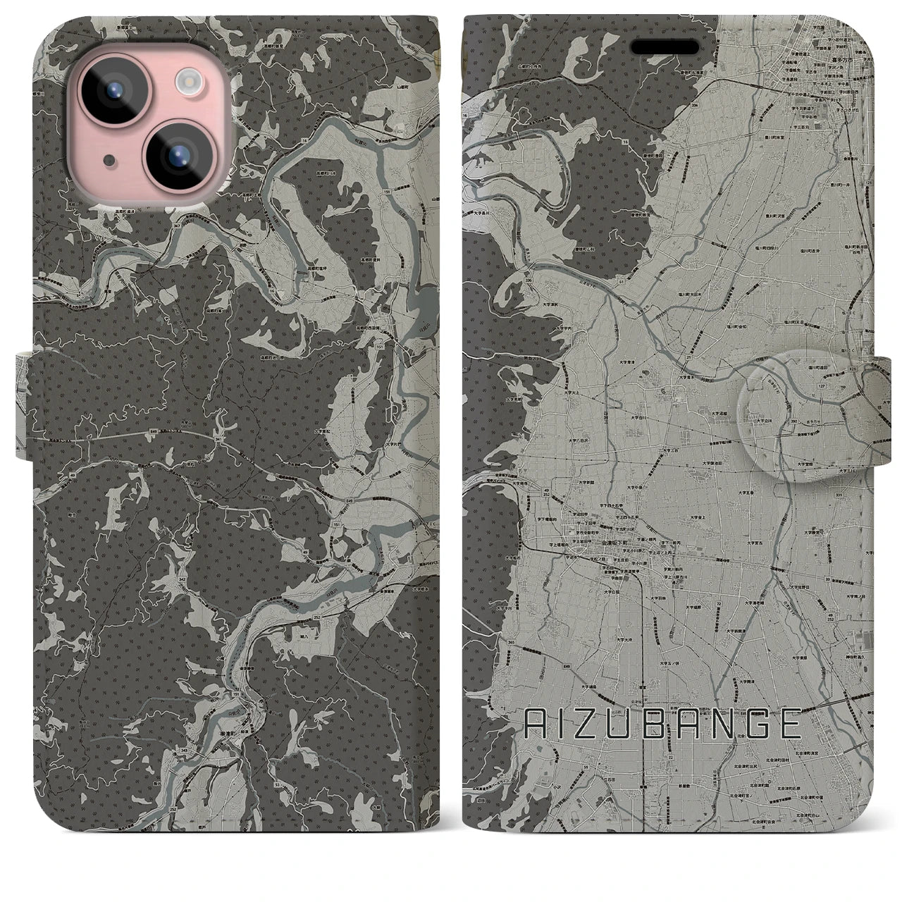 【会津坂下(福島県)】地図柄iPhoneケース(手帳タイプ)モノトーン・iPhone 15 Plus 用