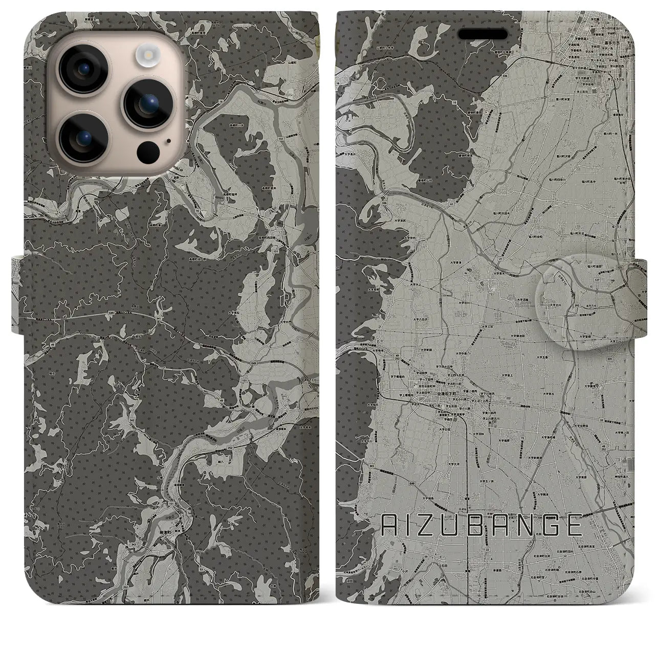 【会津坂下(福島県)】地図柄iPhoneケース(手帳タイプ)モノトーン・iPhone 16 Plus 用