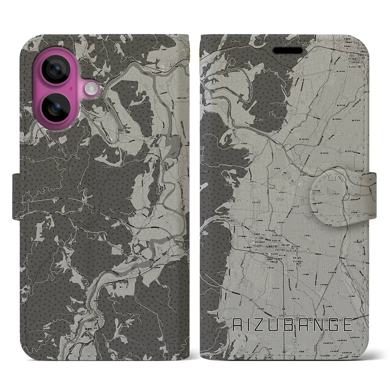 【会津坂下(福島県)】地図柄iPhoneケース(手帳タイプ)モノトーン・iPhone 16 Pro 用