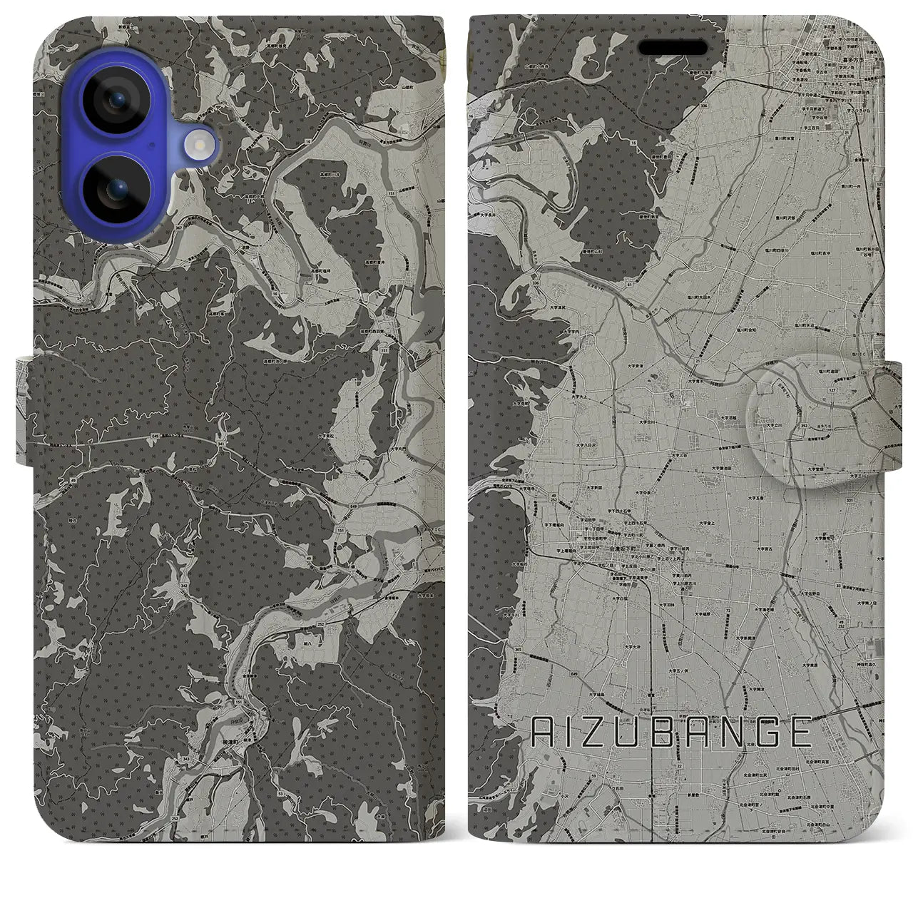 【会津坂下(福島県)】地図柄iPhoneケース(手帳タイプ)モノトーン・iPhone 16 Pro Max 用