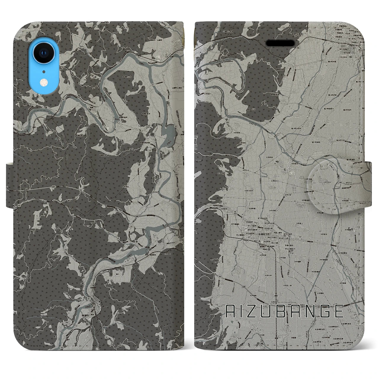 【会津坂下(福島県)】地図柄iPhoneケース(手帳タイプ)モノトーン・iPhone XR 用