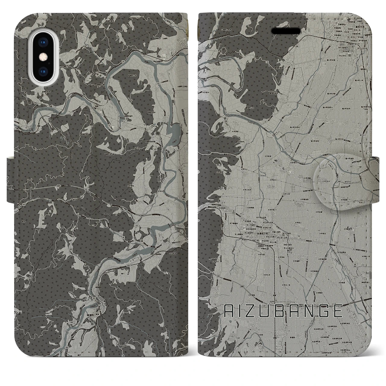 【会津坂下(福島県)】地図柄iPhoneケース(手帳タイプ)モノトーン・iPhone XS Max 用