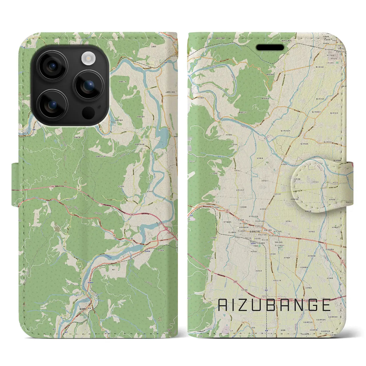 【会津坂下(福島県)】地図柄iPhoneケース(手帳タイプ)ナチュラル・iPhone 16 用