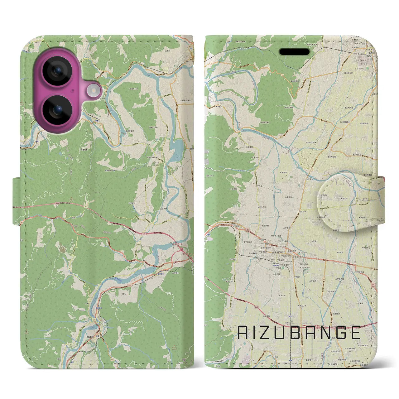 【会津坂下(福島県)】地図柄iPhoneケース(手帳タイプ)ナチュラル・iPhone 16 Pro 用