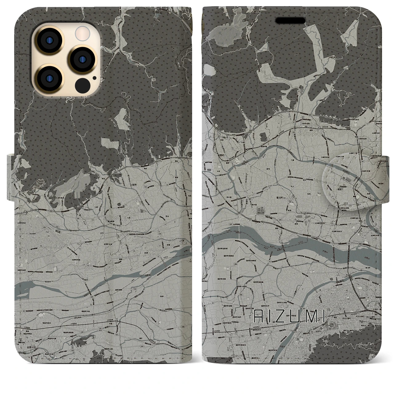 【藍住(徳島県)】地図柄iPhoneケース(手帳タイプ)モノトーン・iPhone 12 Pro Max 用