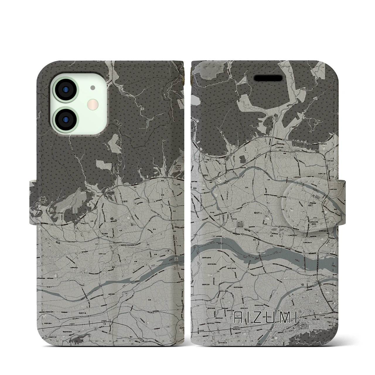 【藍住(徳島県)】地図柄iPhoneケース(手帳タイプ)モノトーン・iPhone 12 mini 用