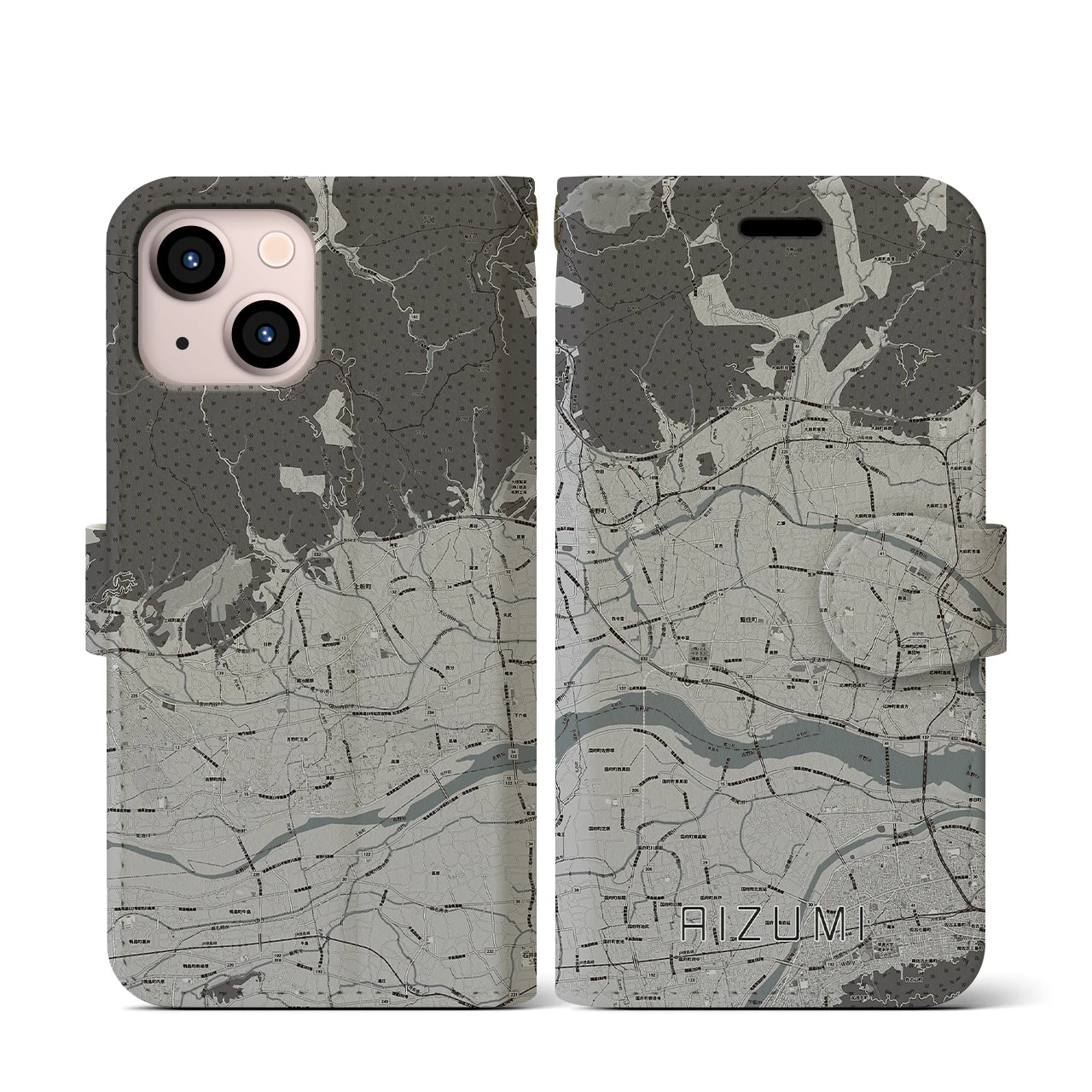 【藍住(徳島県)】地図柄iPhoneケース(手帳タイプ)モノトーン・iPhone 13 mini 用