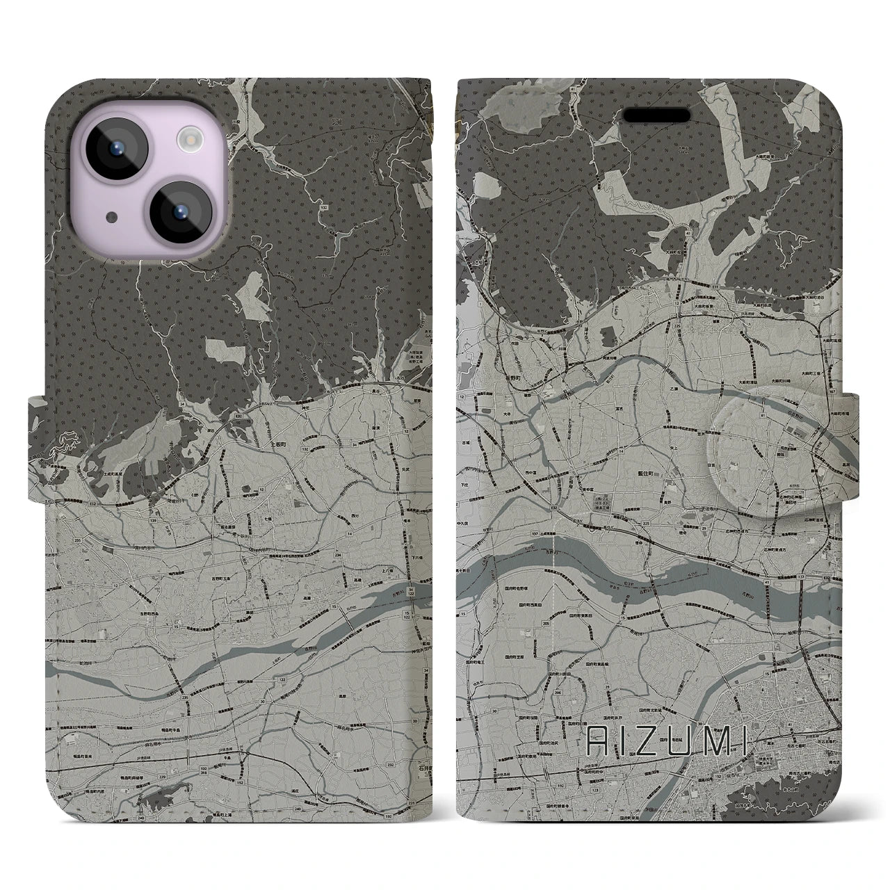 【藍住(徳島県)】地図柄iPhoneケース(手帳タイプ)モノトーン・iPhone 14 用