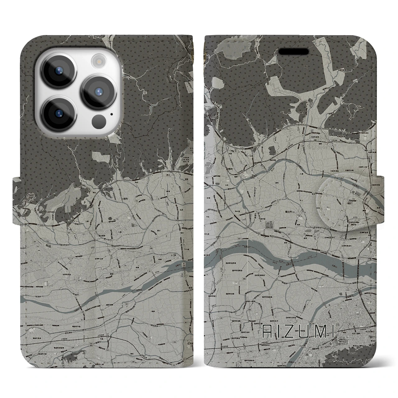 【藍住(徳島県)】地図柄iPhoneケース(手帳タイプ)モノトーン・iPhone 14 Pro 用