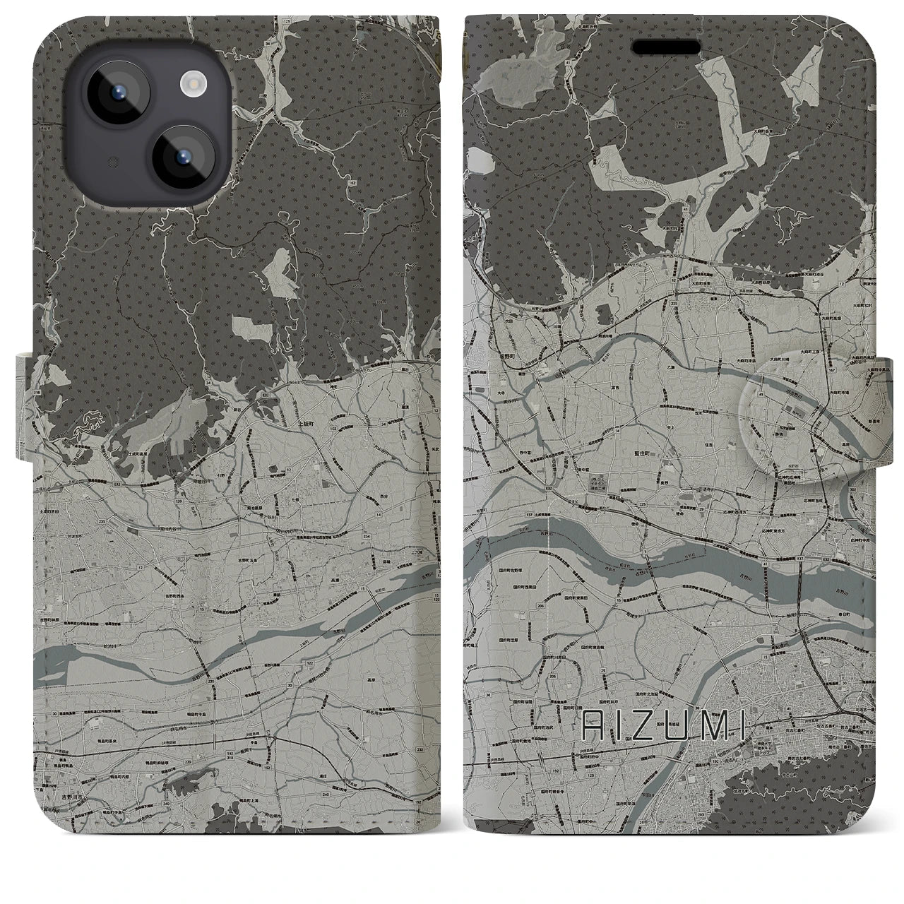 【藍住(徳島県)】地図柄iPhoneケース(手帳タイプ)モノトーン・iPhone 14 Plus 用
