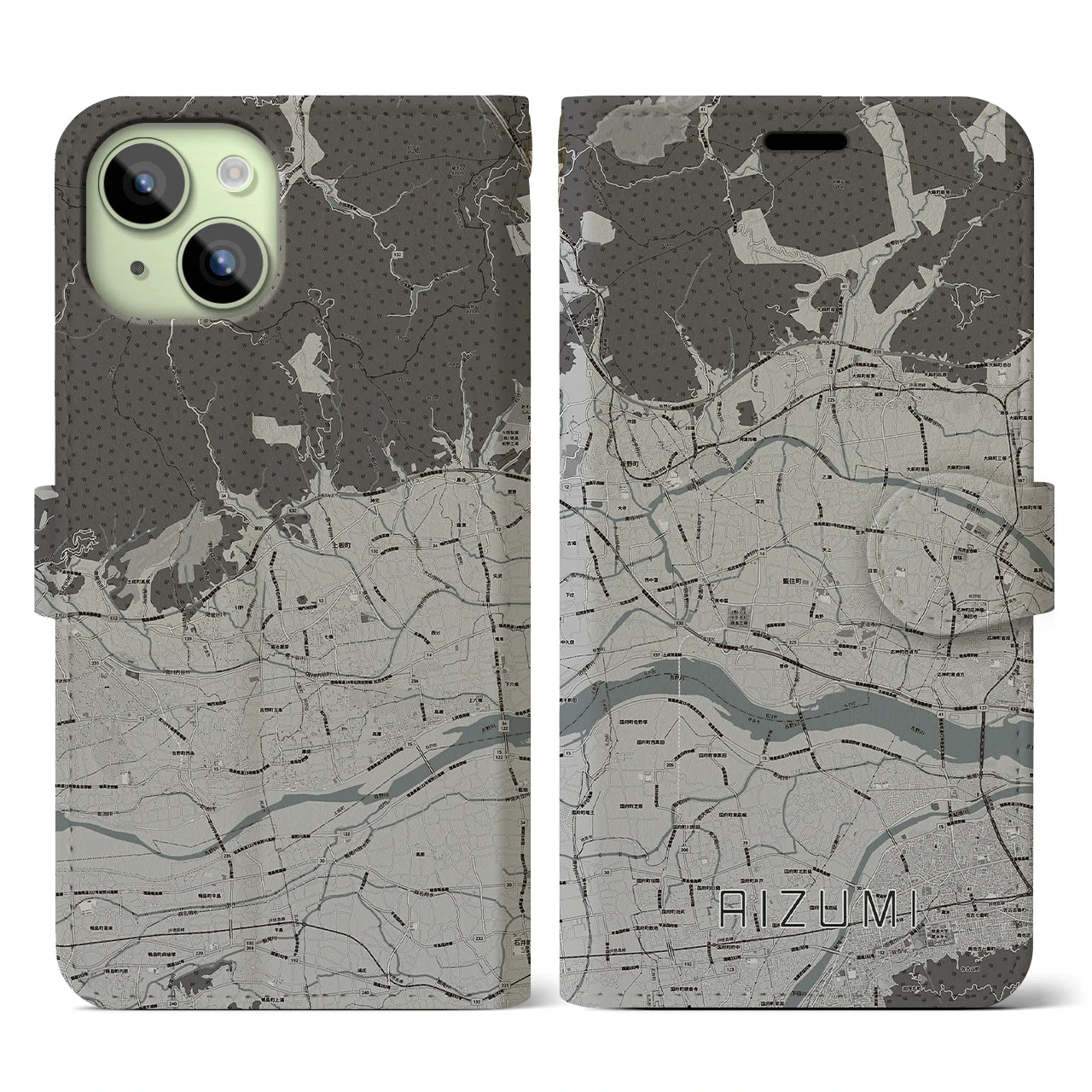 【藍住(徳島県)】地図柄iPhoneケース(手帳タイプ)モノトーン・iPhone 15 用