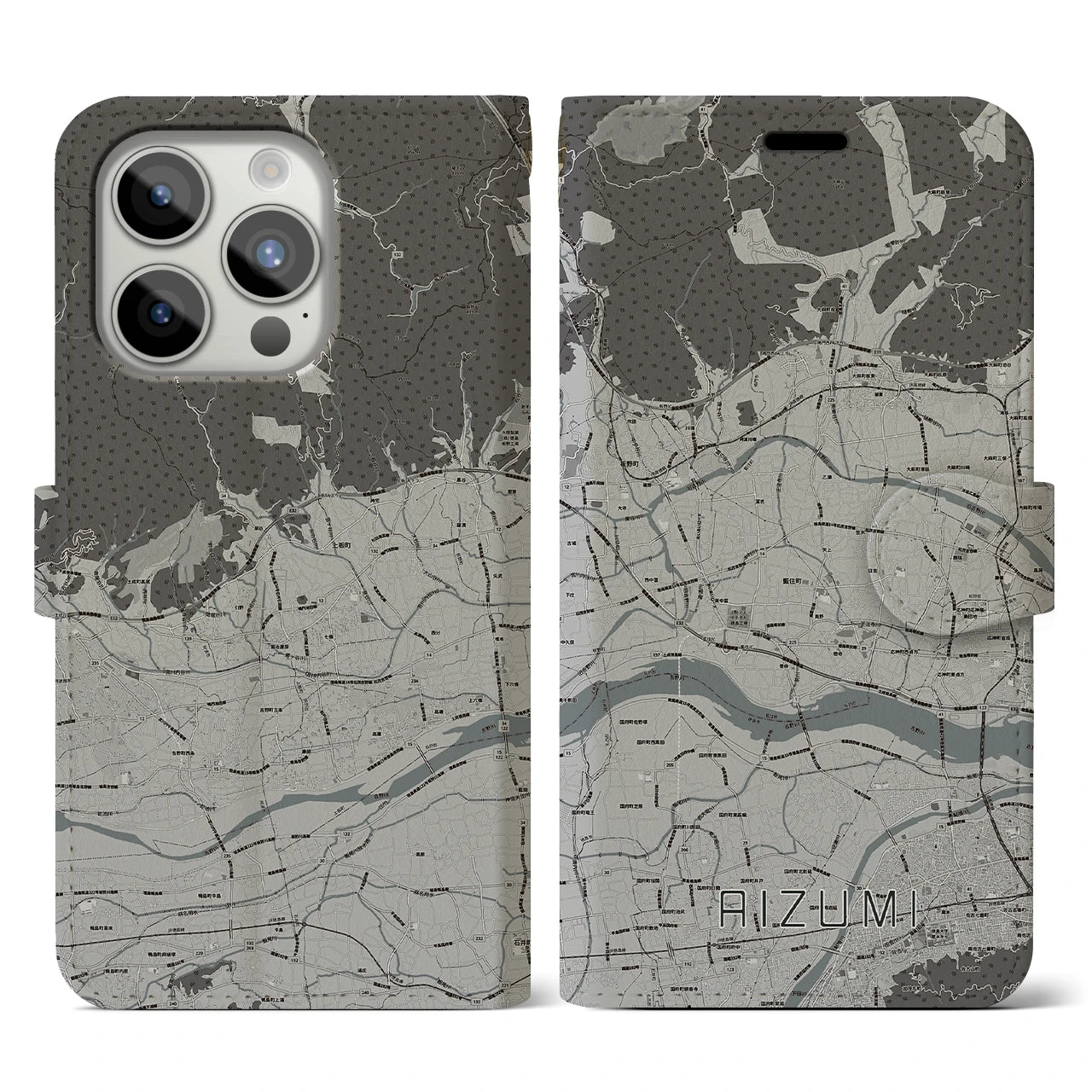 【藍住(徳島県)】地図柄iPhoneケース(手帳タイプ)モノトーン・iPhone 15 Pro 用