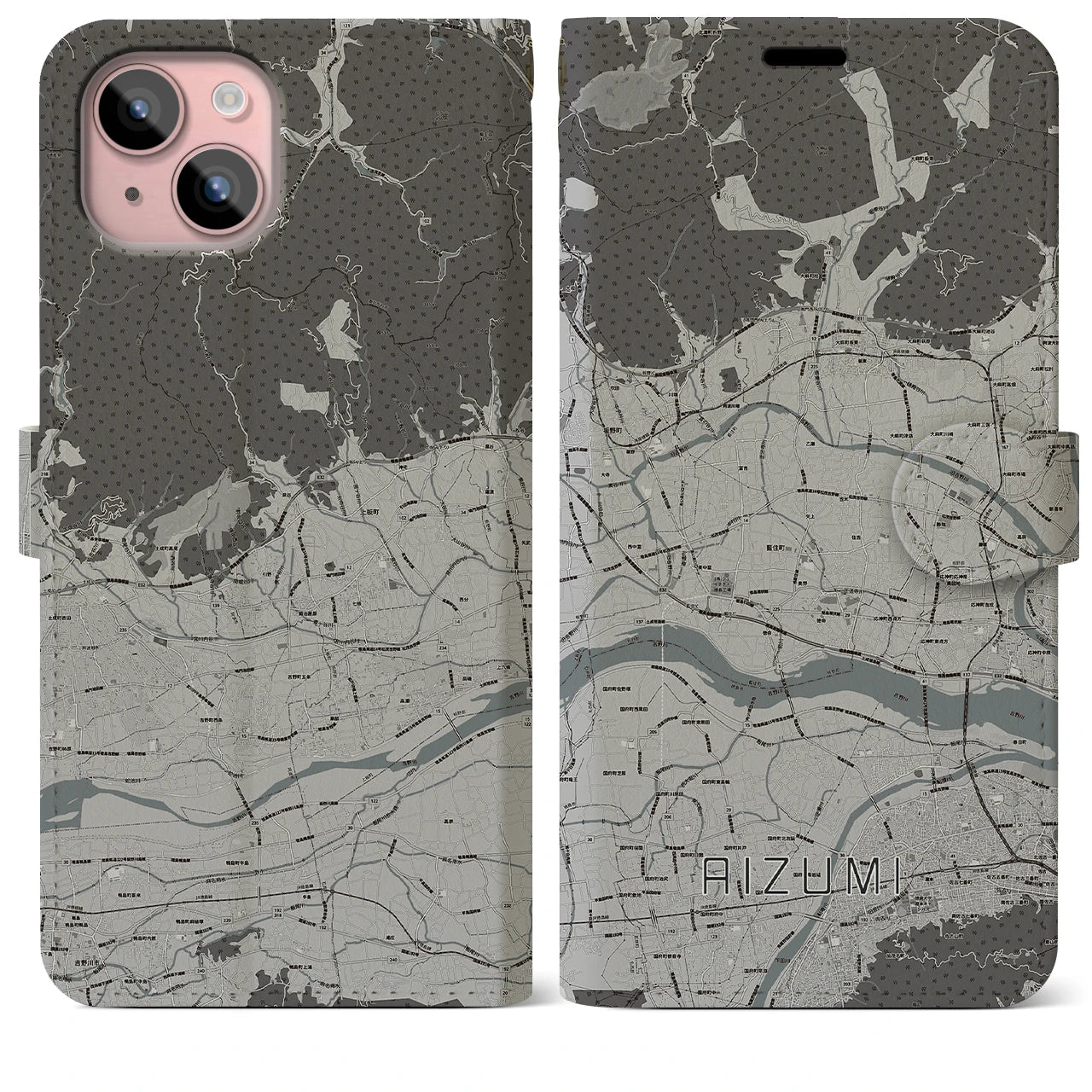 【藍住(徳島県)】地図柄iPhoneケース(手帳タイプ)モノトーン・iPhone 15 Plus 用