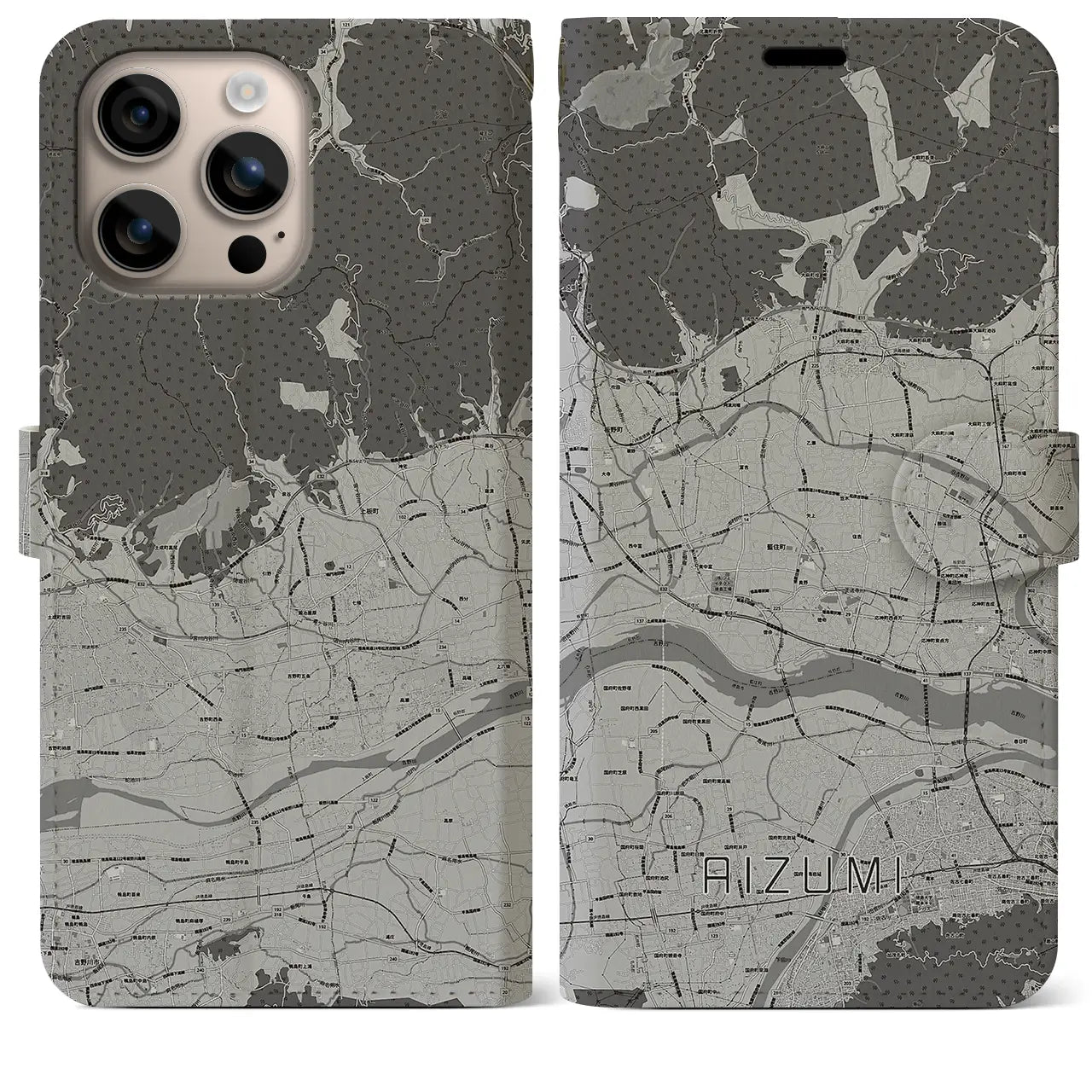 【藍住(徳島県)】地図柄iPhoneケース(手帳タイプ)モノトーン・iPhone 16 Plus 用