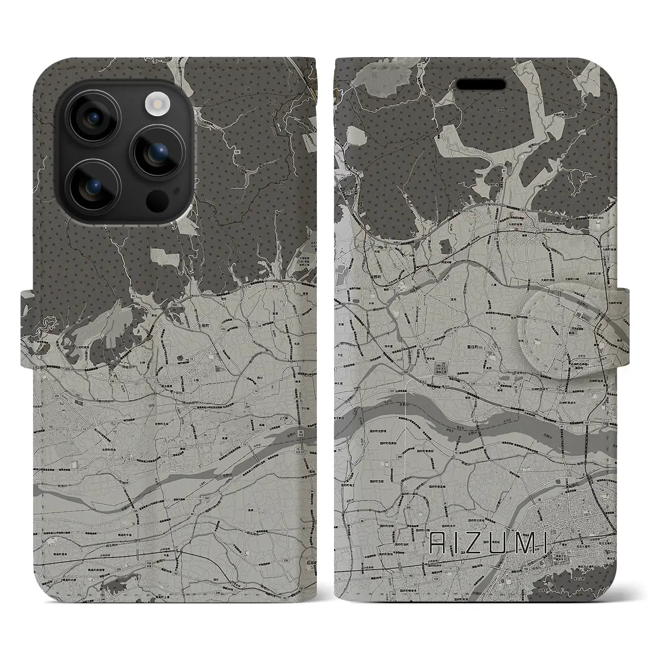 【藍住(徳島県)】地図柄iPhoneケース(手帳タイプ)モノトーン・iPhone 16 用