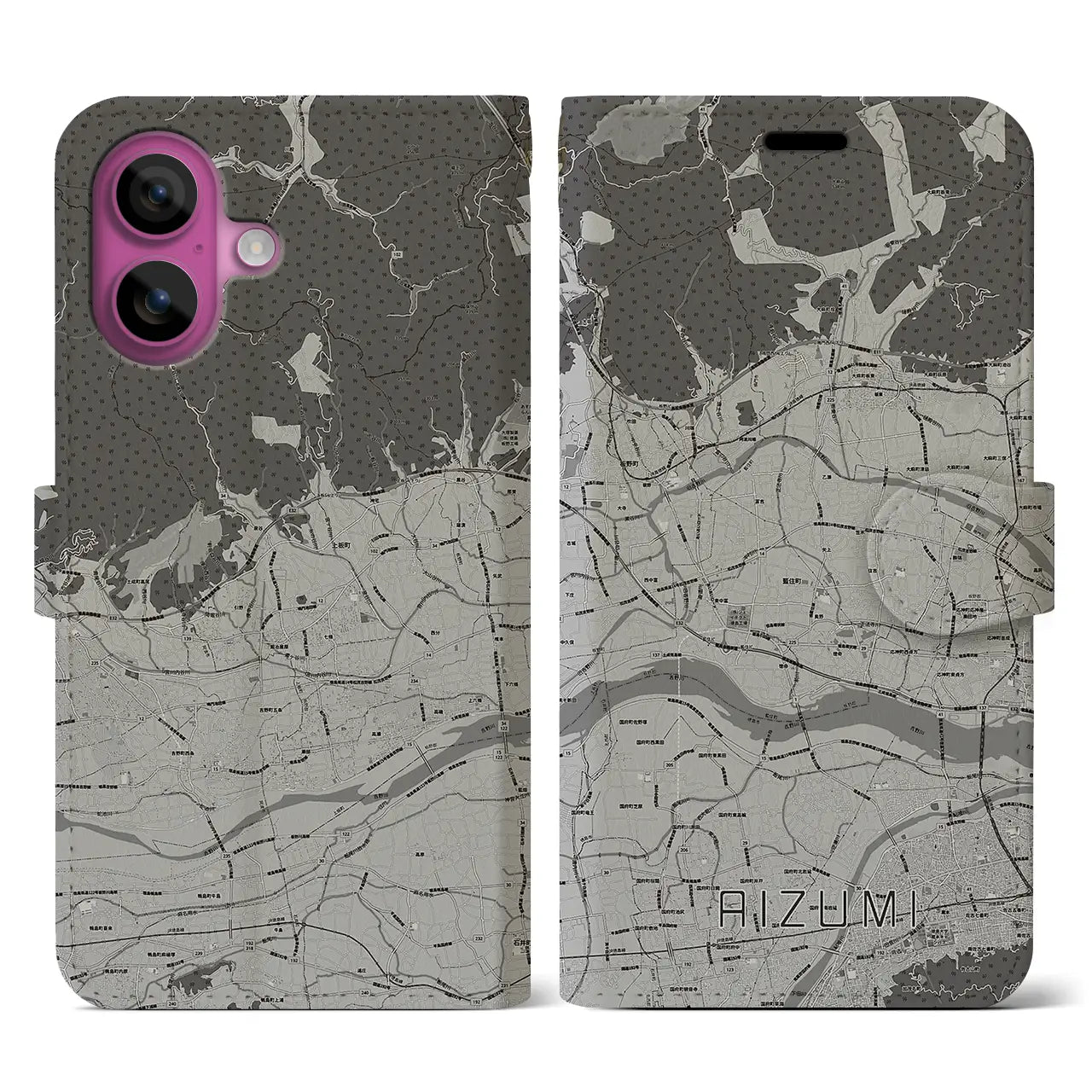 【藍住(徳島県)】地図柄iPhoneケース(手帳タイプ)モノトーン・iPhone 16 Pro 用