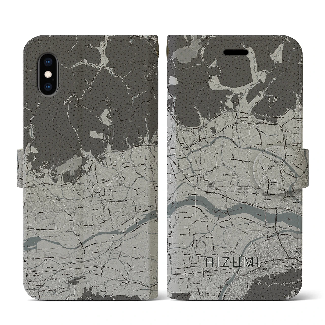 【藍住(徳島県)】地図柄iPhoneケース(手帳タイプ)モノトーン・iPhone XS / X 用