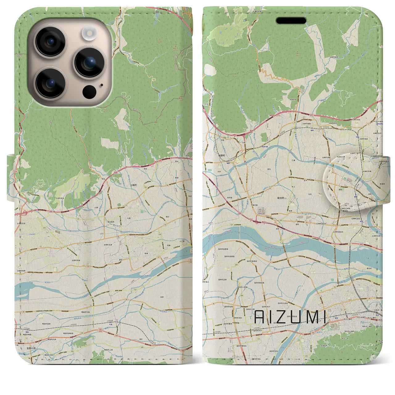 【藍住(徳島県)】地図柄iPhoneケース(手帳タイプ)ナチュラル・iPhone 16 Plus 用
