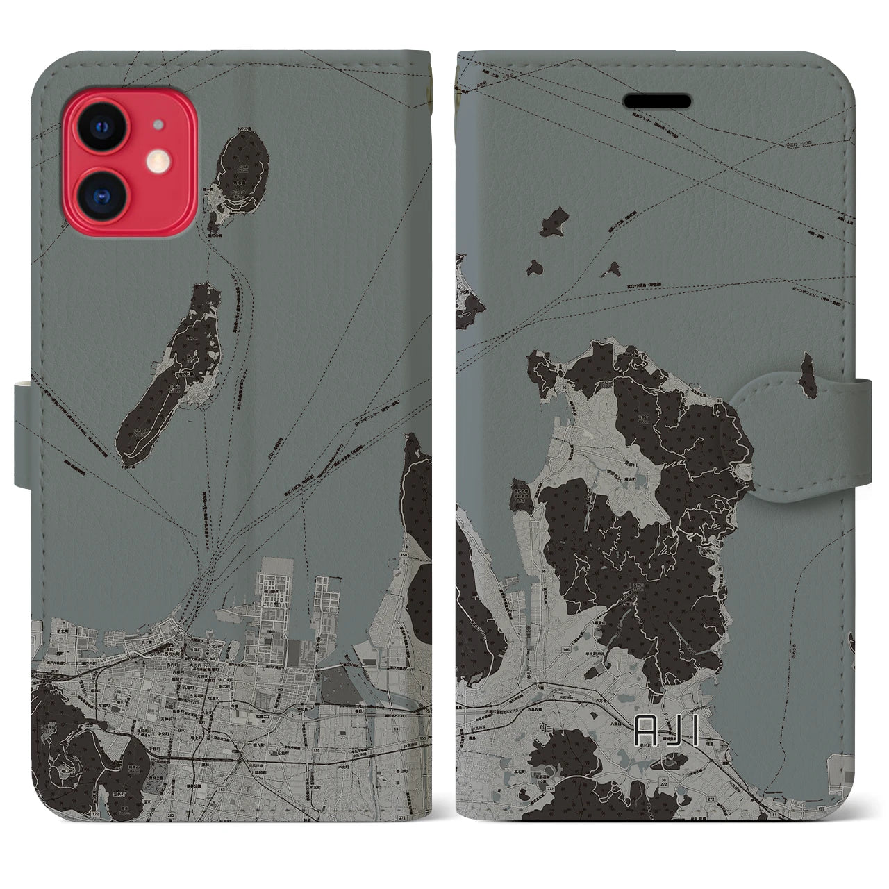 【庵治(香川県)】地図柄iPhoneケース(手帳タイプ)モノトーン・iPhone 11 用