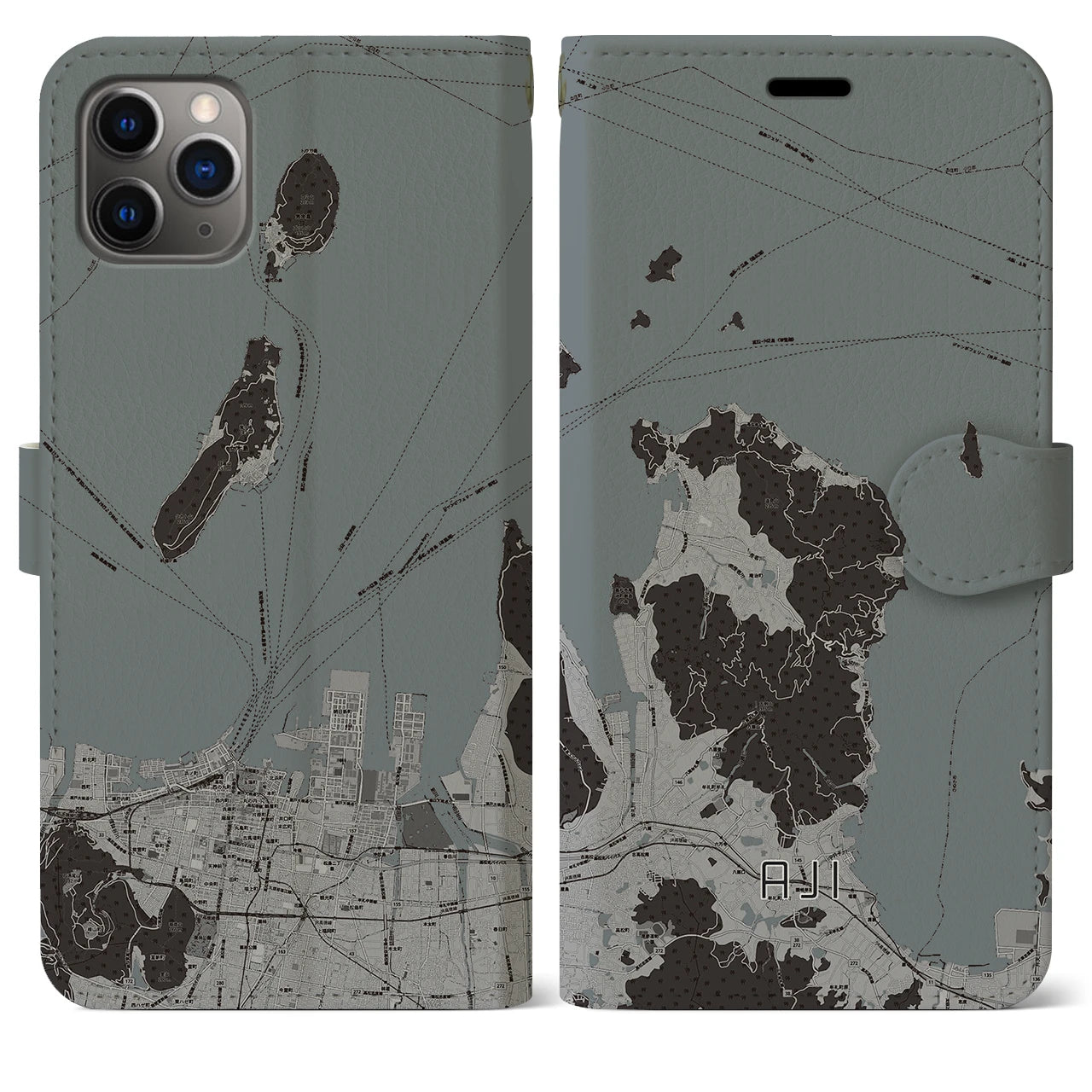 【庵治(香川県)】地図柄iPhoneケース(手帳タイプ)モノトーン・iPhone 11 Pro Max 用