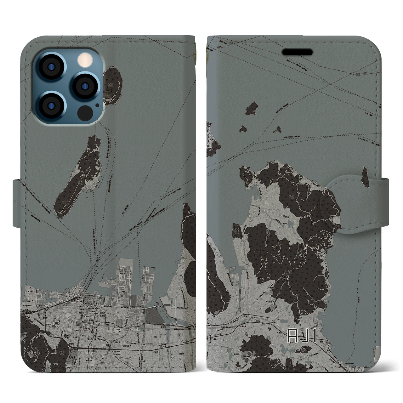 【庵治(香川県)】地図柄iPhoneケース(手帳タイプ)モノトーン・iPhone 12 / 12 Pro 用