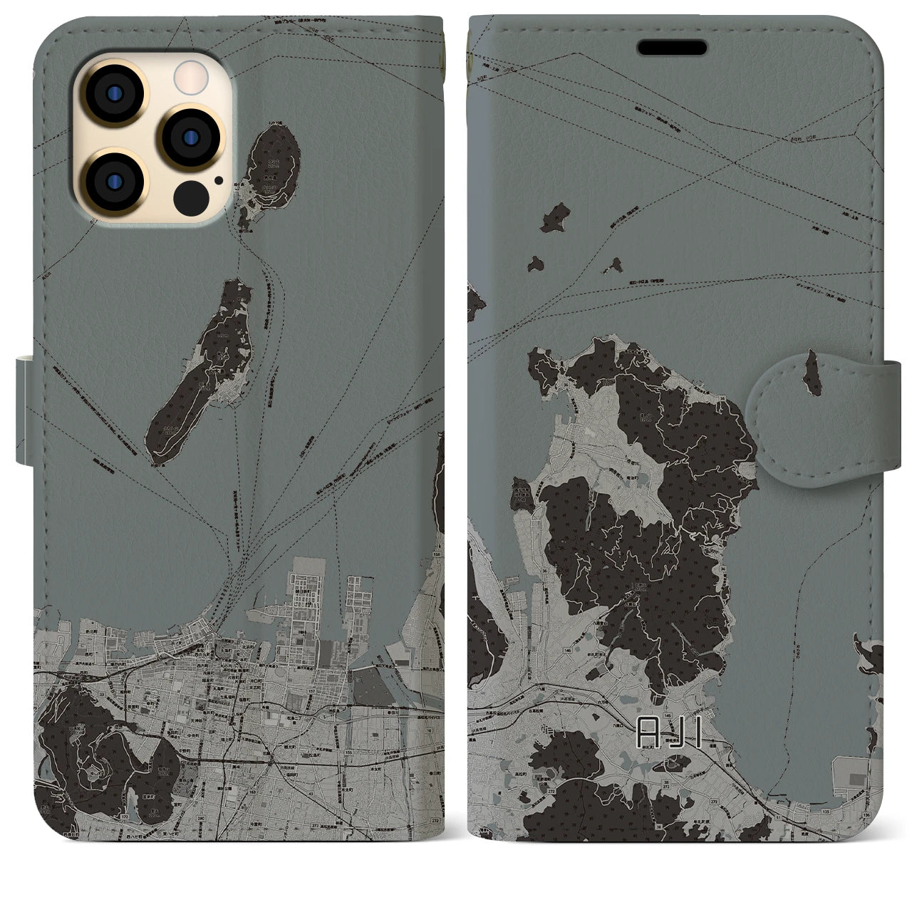 【庵治(香川県)】地図柄iPhoneケース(手帳タイプ)モノトーン・iPhone 12 Pro Max 用