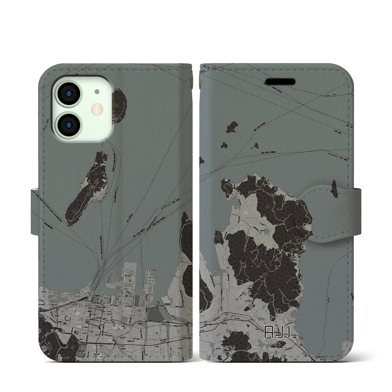 【庵治(香川県)】地図柄iPhoneケース(手帳タイプ)モノトーン・iPhone 12 mini 用