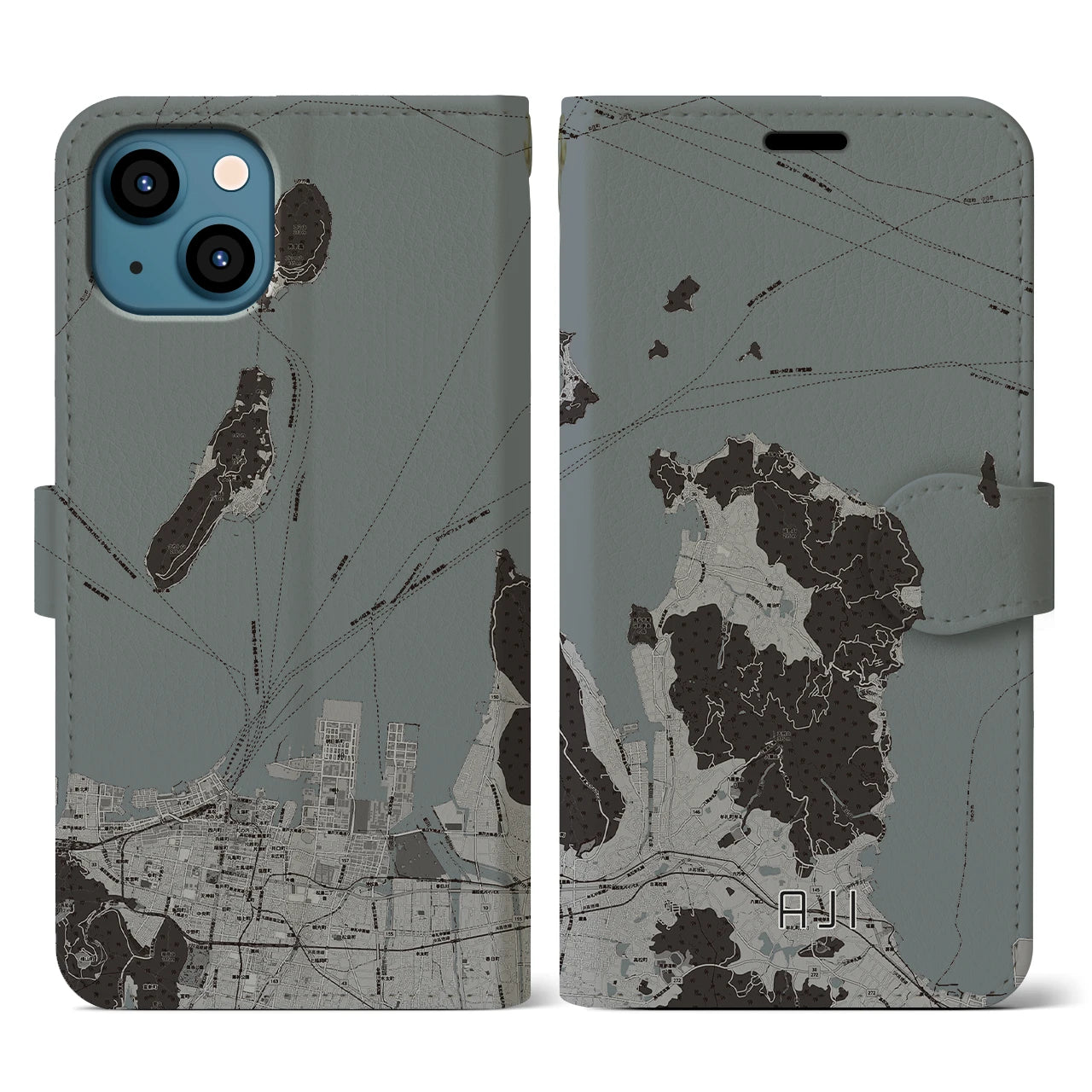 【庵治(香川県)】地図柄iPhoneケース(手帳タイプ)モノトーン・iPhone 13 用