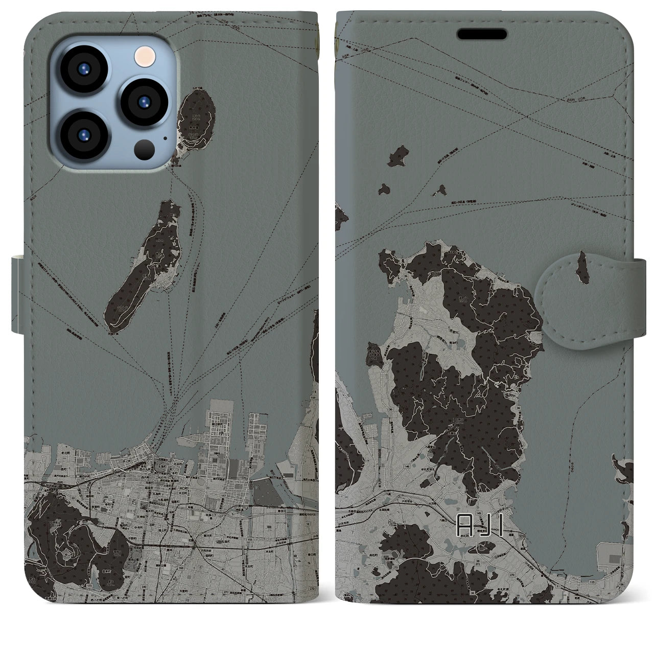 【庵治(香川県)】地図柄iPhoneケース(手帳タイプ)モノトーン・iPhone 13 Pro Max 用