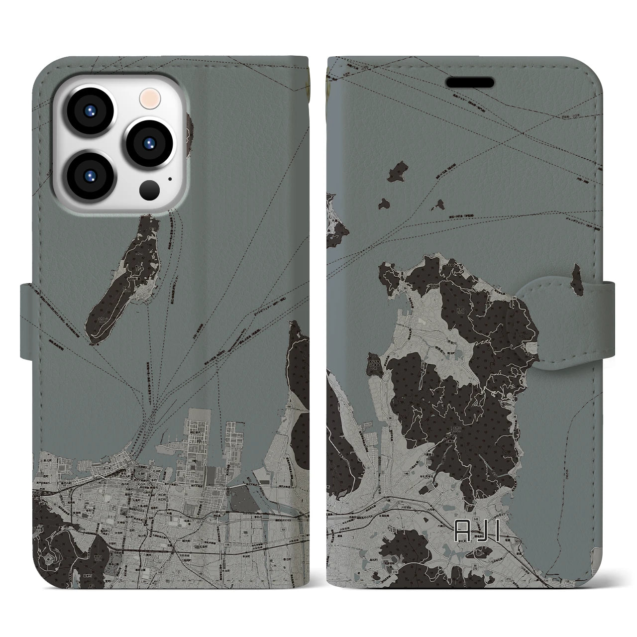 【庵治(香川県)】地図柄iPhoneケース(手帳タイプ)モノトーン・iPhone 13 Pro 用