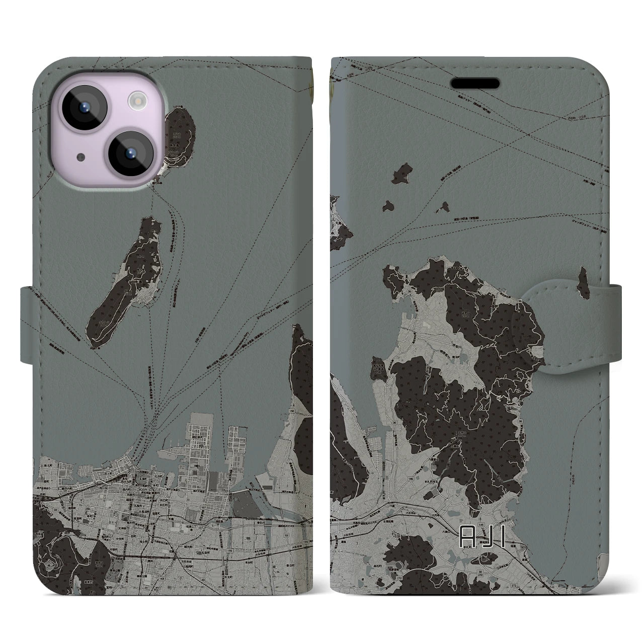 【庵治(香川県)】地図柄iPhoneケース(手帳タイプ)モノトーン・iPhone 14 用