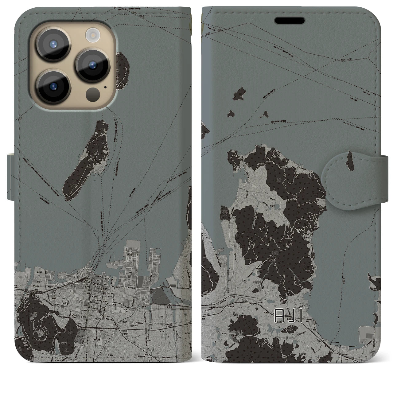 【庵治(香川県)】地図柄iPhoneケース(手帳タイプ)モノトーン・iPhone 14 Pro Max 用