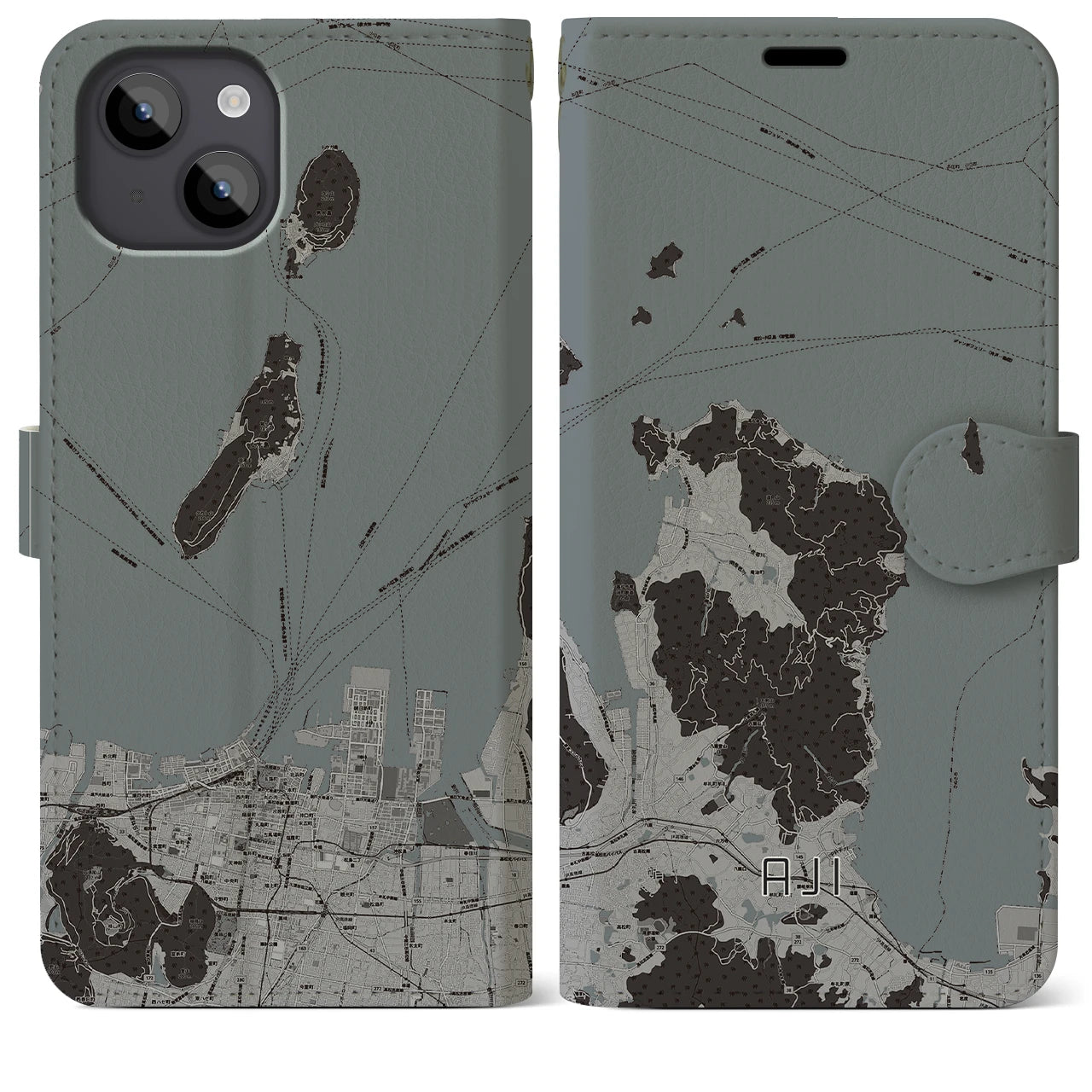 【庵治(香川県)】地図柄iPhoneケース(手帳タイプ)モノトーン・iPhone 14 Plus 用