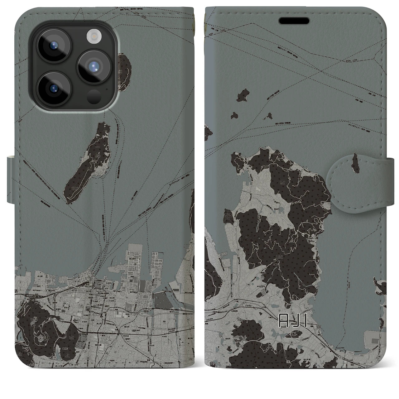 【庵治(香川県)】地図柄iPhoneケース(手帳タイプ)モノトーン・iPhone 15 Pro Max 用