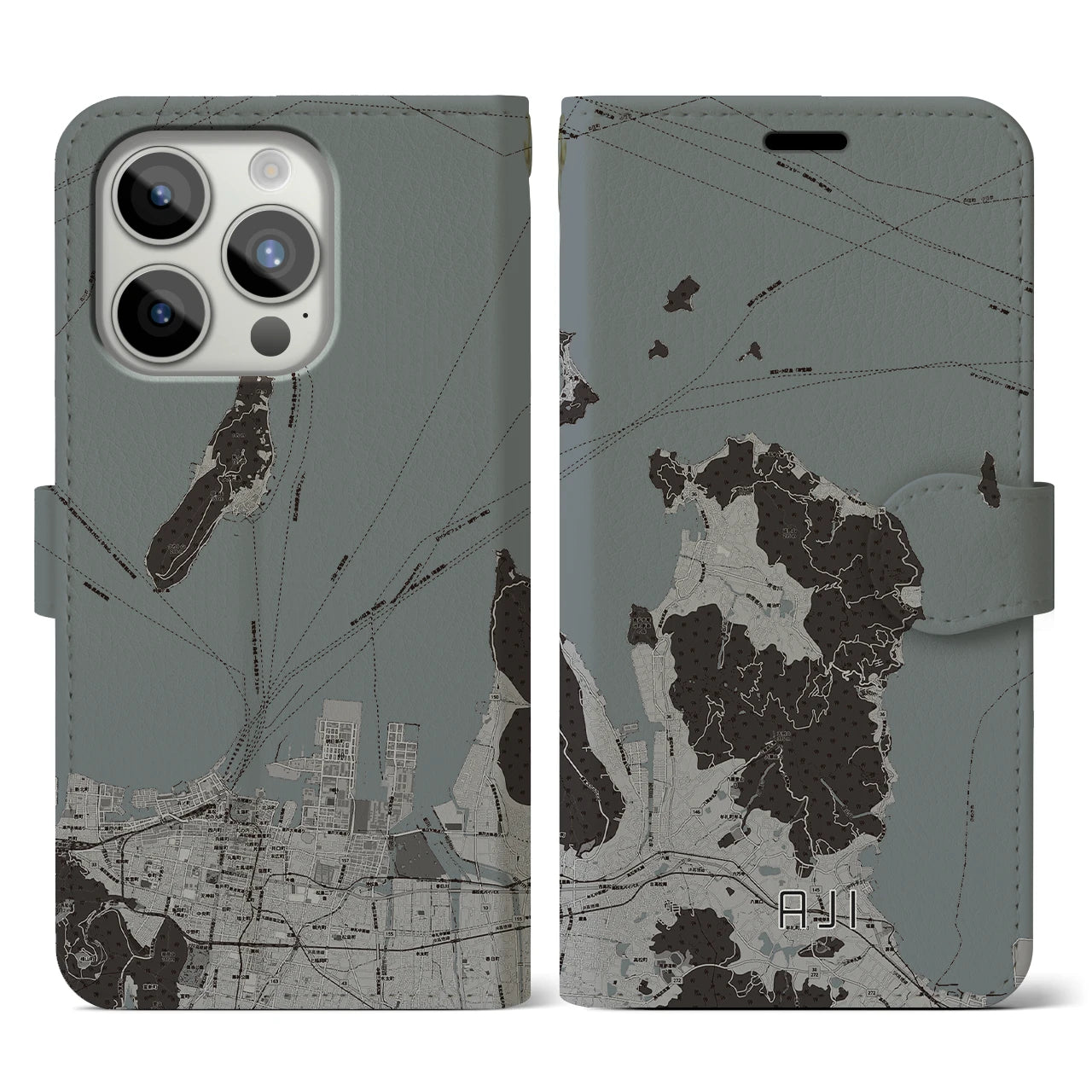 【庵治(香川県)】地図柄iPhoneケース(手帳タイプ)モノトーン・iPhone 15 Pro 用