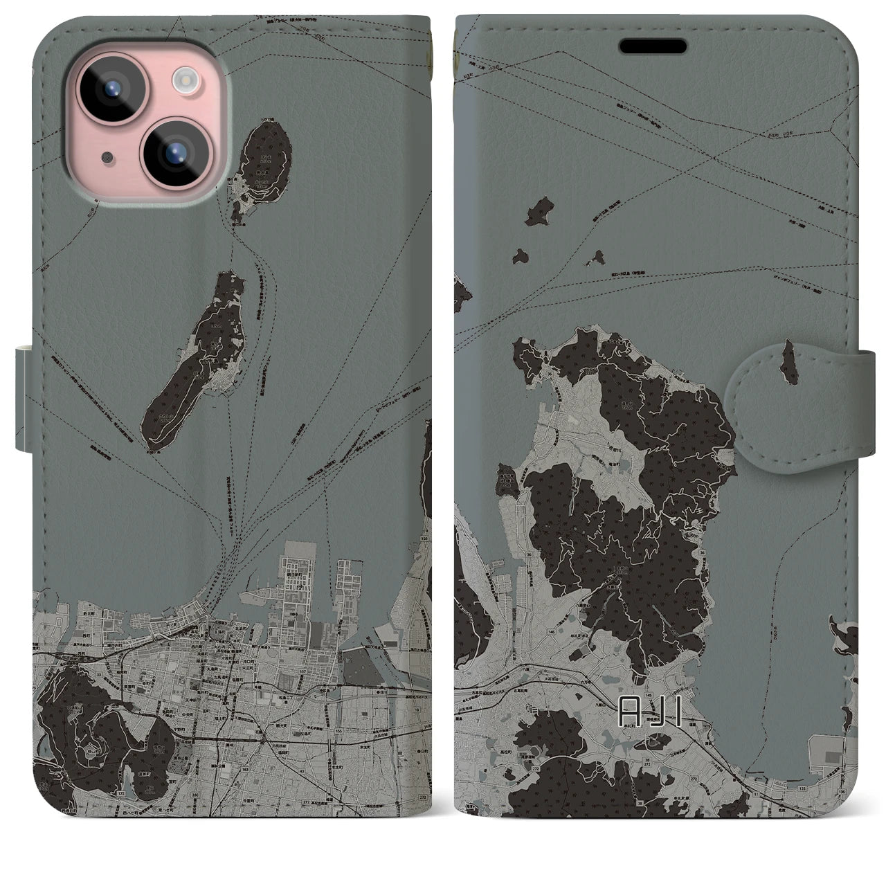 【庵治(香川県)】地図柄iPhoneケース(手帳タイプ)モノトーン・iPhone 15 Plus 用