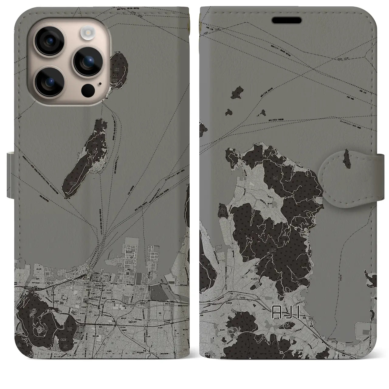 【庵治(香川県)】地図柄iPhoneケース(手帳タイプ)モノトーン・iPhone 16 Plus 用