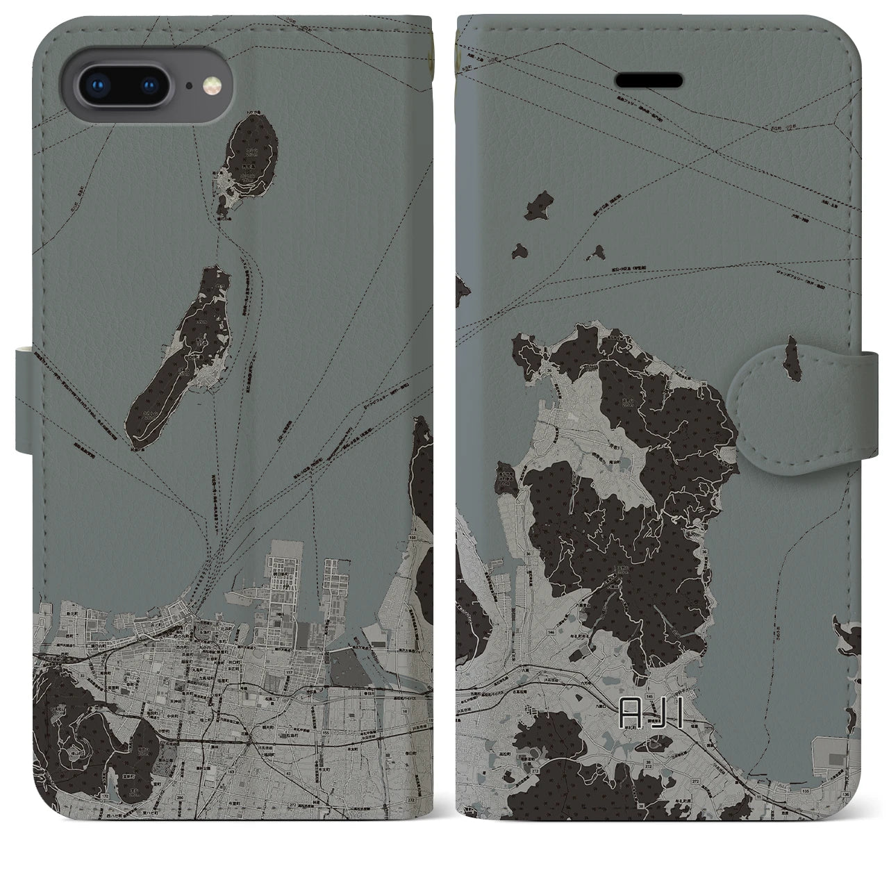 【庵治(香川県)】地図柄iPhoneケース(手帳タイプ)モノトーン・iPhone 8Plus /7Plus / 6sPlus / 6Plus 用
