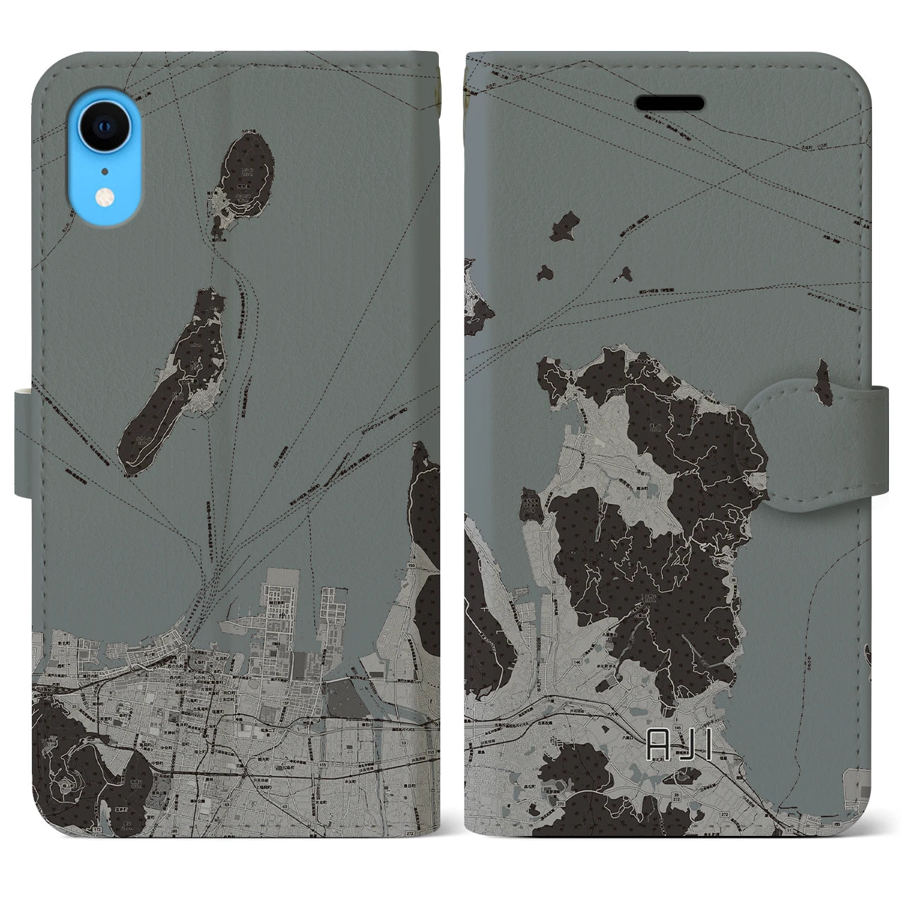 【庵治(香川県)】地図柄iPhoneケース(手帳タイプ)モノトーン・iPhone XR 用