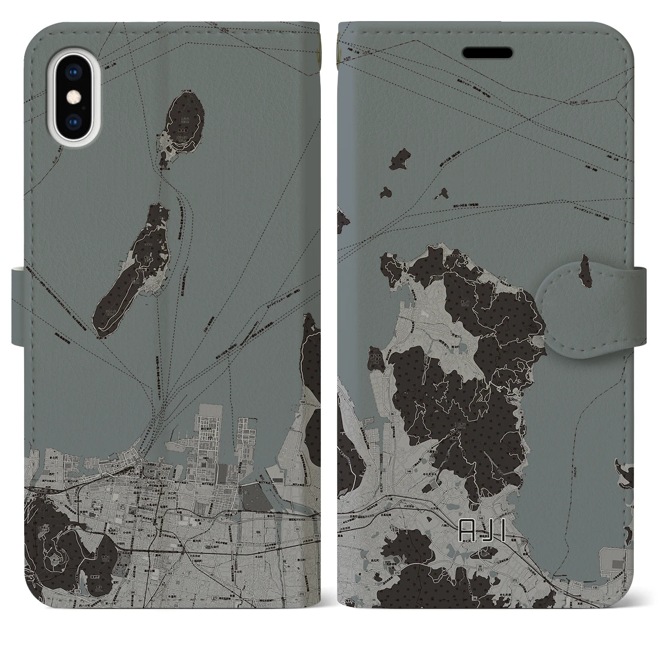 【庵治(香川県)】地図柄iPhoneケース(手帳タイプ)モノトーン・iPhone XS Max 用