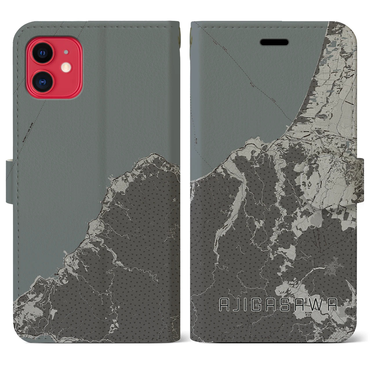 【鰺ヶ沢(青森県)】地図柄iPhoneケース(手帳タイプ)モノトーン・iPhone 11 用