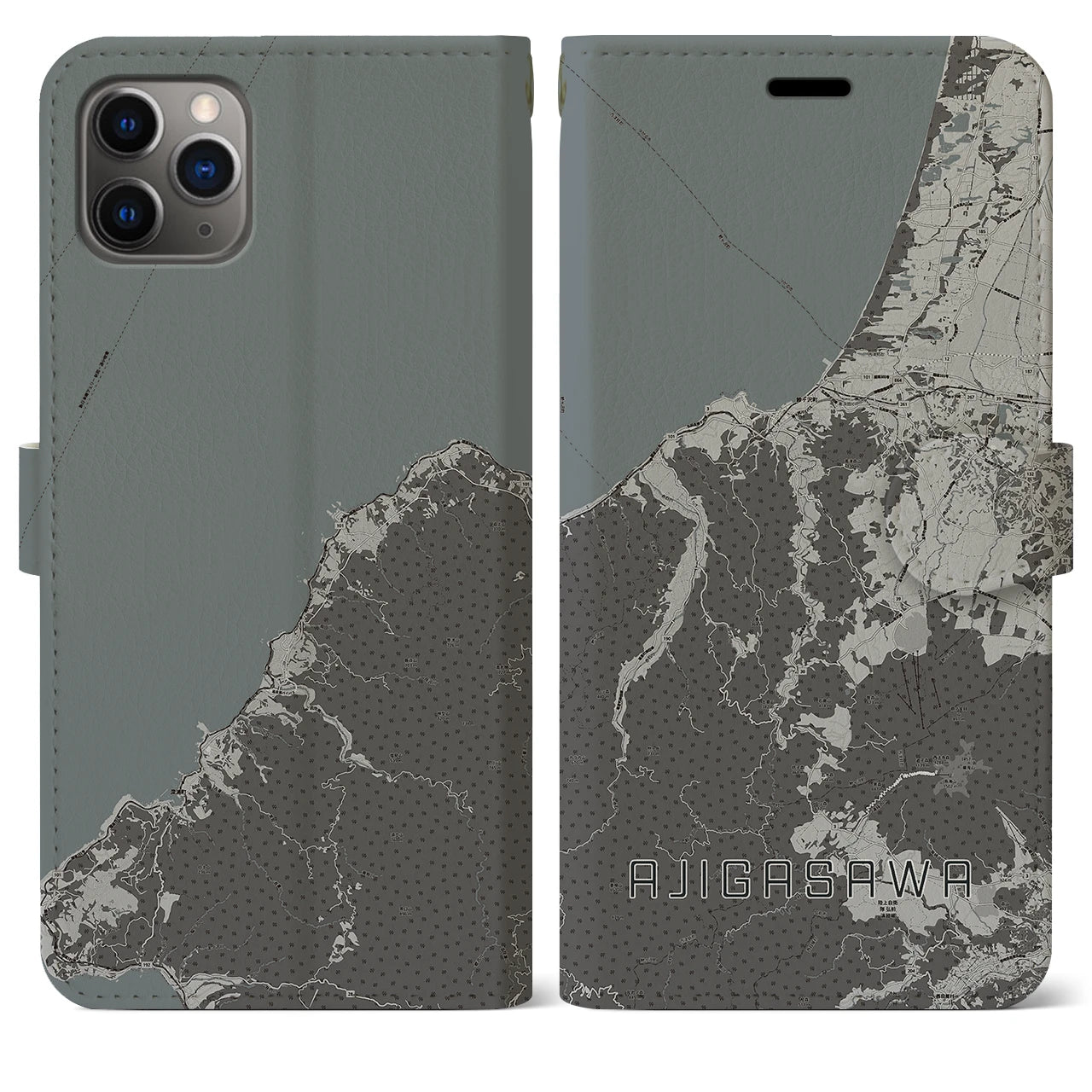 【鰺ヶ沢(青森県)】地図柄iPhoneケース(手帳タイプ)モノトーン・iPhone 11 Pro Max 用