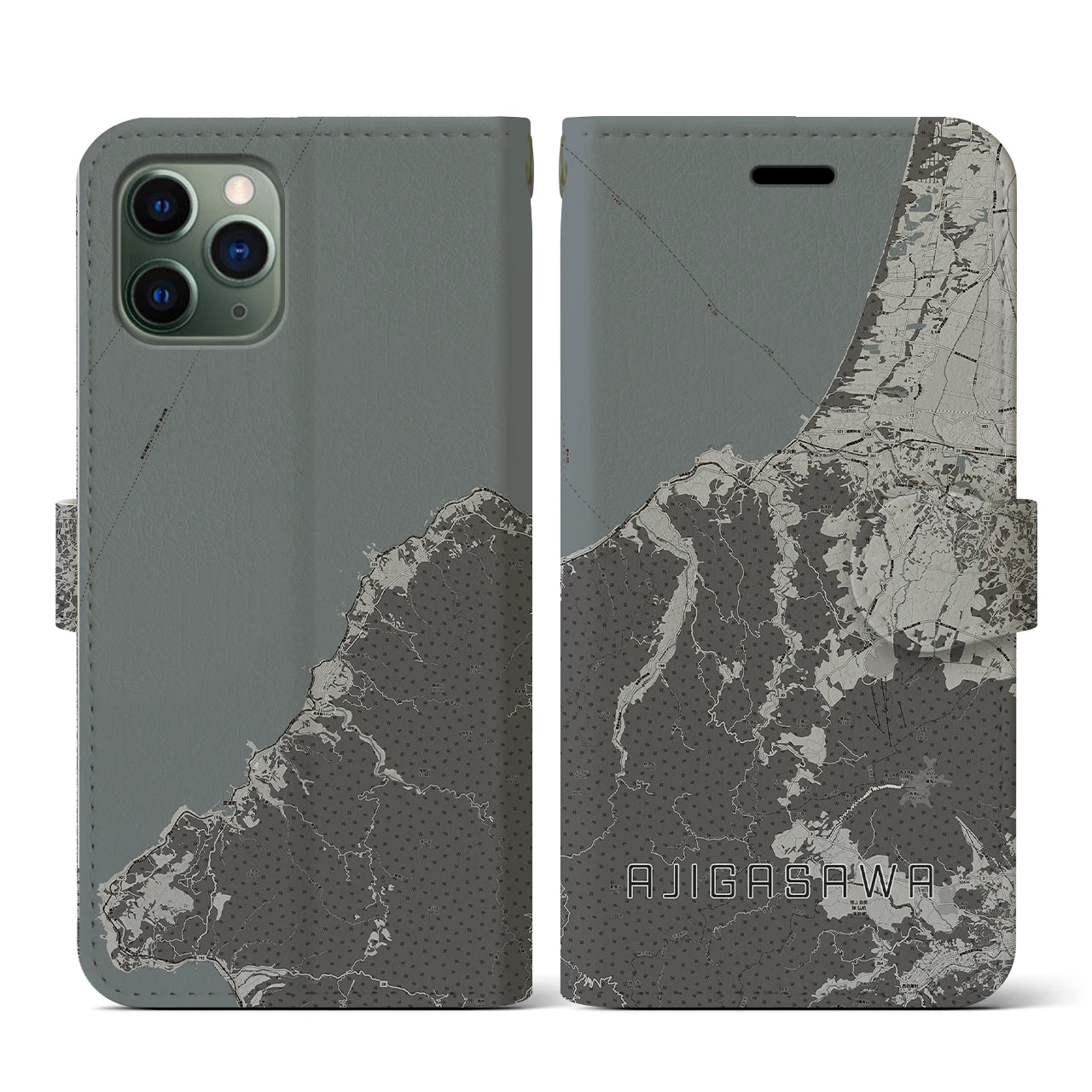 【鰺ヶ沢(青森県)】地図柄iPhoneケース(手帳タイプ)モノトーン・iPhone 11 Pro 用