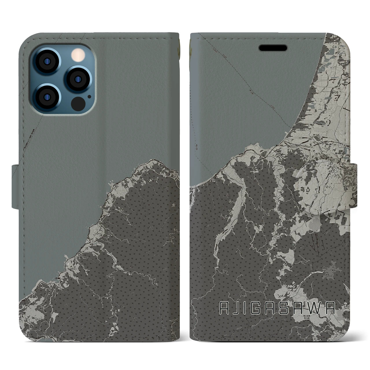 【鰺ヶ沢(青森県)】地図柄iPhoneケース(手帳タイプ)モノトーン・iPhone 12 / 12 Pro 用