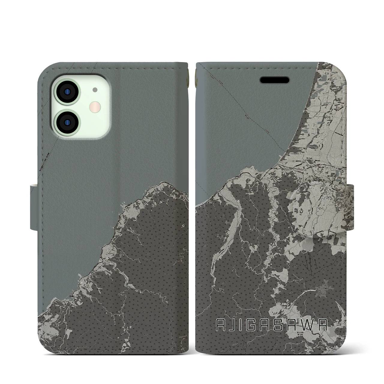 【鰺ヶ沢(青森県)】地図柄iPhoneケース(手帳タイプ)モノトーン・iPhone 12 mini 用