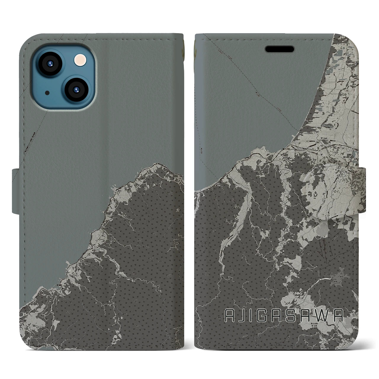 【鰺ヶ沢(青森県)】地図柄iPhoneケース(手帳タイプ)モノトーン・iPhone 13 用