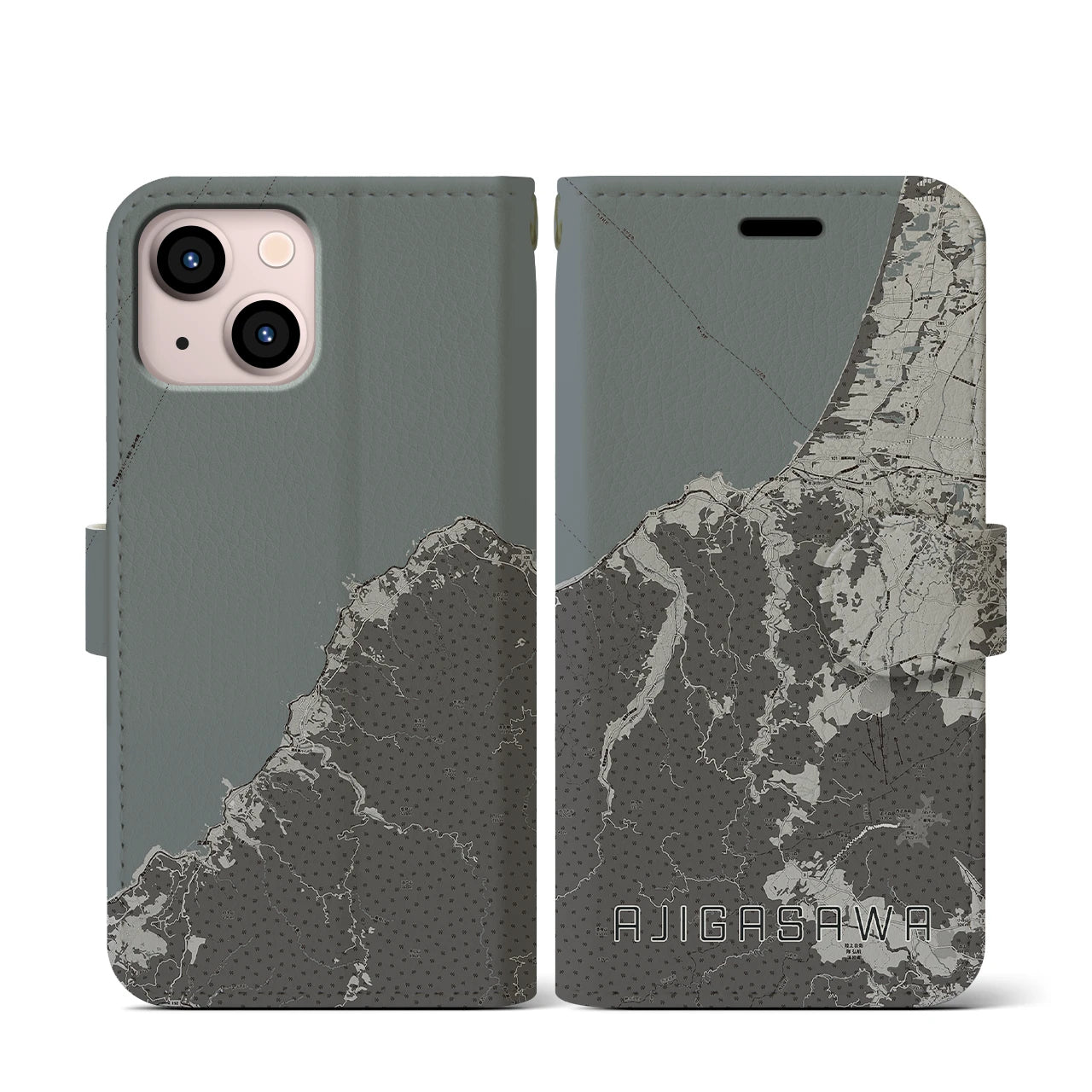 【鰺ヶ沢(青森県)】地図柄iPhoneケース(手帳タイプ)モノトーン・iPhone 13 mini 用