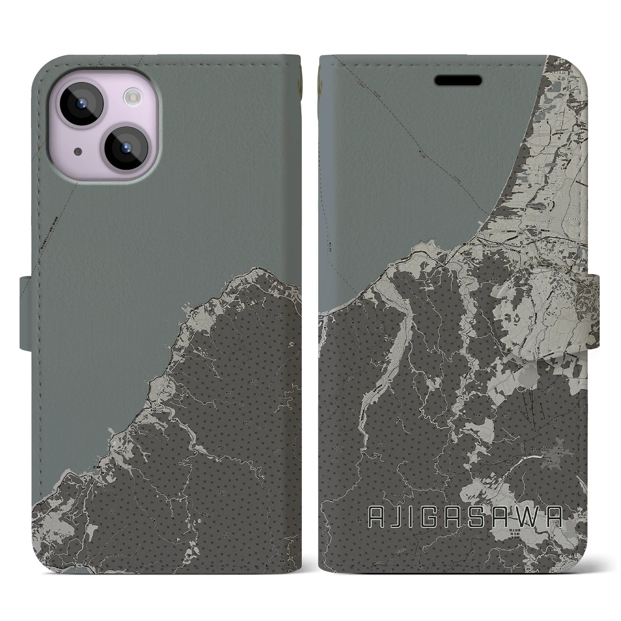 【鰺ヶ沢(青森県)】地図柄iPhoneケース(手帳タイプ)モノトーン・iPhone 14 用